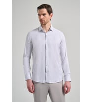 Uzun Kol Çizgili Desen Bez Ayağı İtalyan Yaka Cepsiz Pamuklu Classic Slim Fit Gömlek 1004250181 (Beyaz)