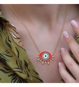 Mine İşli Kırmızı Göz Modeli Gold Kaplama Trend Gümüş Kolye