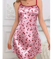 Pembe -Love- Yazılı Kiraz Desenli İnce Askılı Mini Gecelik/Babydoll -3649