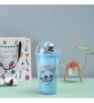 Panda Işıklı ve Pipetli Bardak, 450 ml, Buzlu ve Kapaklı, Mavi, 20x8 (Mavi)