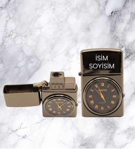 Kişiye Özel Siyah Özel Tasarım Kapaklı Saatli Çakmak