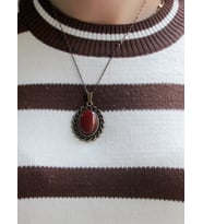 Doğal Taş Akik Doğal Taşlı Desenli Otantik Kadın Kolye 45 Cm Zincirli euk15a (Kırmızı)