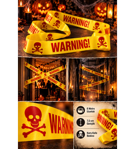 Halloween 6 Metre Emniyet Şeridi Sarı Kırmızı WARNING Kuru Kafalı Cadılar Bayramı 7,5 cm