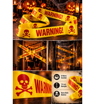 Halloween 6 Metre Emniyet Şeridi Sarı Kırmızı WARNING Kuru Kafalı Cadılar Bayramı 7,5 cm
