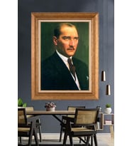 Altın Varaklı Çerçeveli Paspartulu Atatürk Tablo nh91 (Gold)