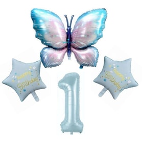 Mavi Kelebekli Happy Birthday 1 Yaş Folyo Balon Set