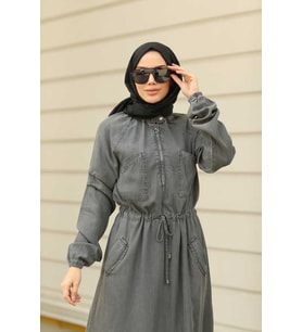 6501-DENİM REGLAN KOLLU CEPLİ  ELBİSE Gri