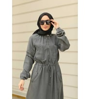 6501-DENİM REGLAN KOLLU CEPLİ  ELBİSE Gri