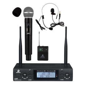 Rennes RM-900EH UHF 2x100 Kanal Çiftli Kablosuz EL Yaka Headset Mikrofonu Çift Anten LCD Ekran
