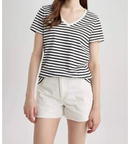 2346 Regular Fit Çizgili V Yaka Kısa Kollu %100 Pamuk T-shirt