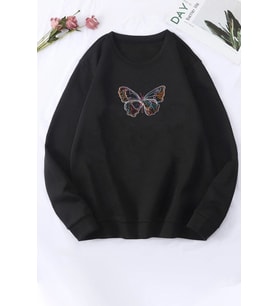 Unisex Butterfly Baskılı Bisiklet Yaka Sweatshirt (Siyah)
