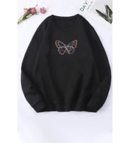 Unisex Butterfly Baskılı Bisiklet Yaka Sweatshirt (Siyah)