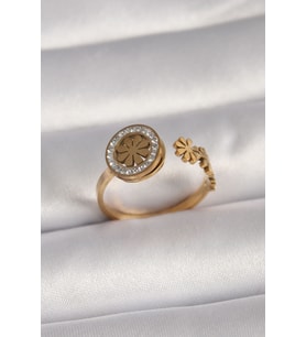 316L Çelik Gold Renk Zirkon Taşlı Papatya Model Kadın Yüzük (Altın)