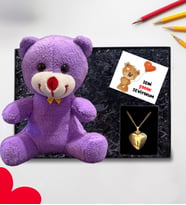 Hediye Kutusunda 25cm Mor Ayıcık ve Çelik Kalp Kolye Sevgiliye Hediye Romantik Hediye