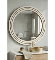 Antik Ahşap Beyaz Dekoratif Ayna Banyo Lavabo Aynası Yuvarlak Ayna Duvar Aynası ( 55x69 )