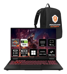 Asus Tuf Gaming A16 Amd Ryzen 7 8745HX Rtx 5070 8gb 115W 8gb Ram 512GB SSD 16" Wuxga (1920X1200) IPS 165Hz WIN11 Pro FA608PPRV15P422 Gaming Laptop + Per4 Çanta