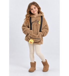 Kız Çocuk Peluş Kapüşonlu Sweatshirt Pretty Nakışlı Oyuncak Aksesuarlı Çantalı Kışlık Üst Ak4130