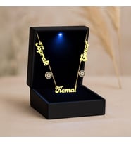 Işıklı Kutuda Kişiye Özel Nazarlı Üç İsimli Gümüş Kolye (Gold)
