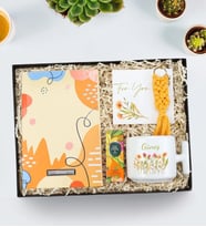 Kişiye Özel Turuncu Tasarım Defter & T Kupa & Eyüp Sabri Tuncer Mini Kolonya & Makrome Anahtarlık Hediye Seti