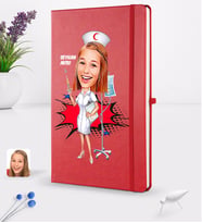 BK Gift Kişiye Özel Kadın Hemşire Karikatürlü Kırmızı Termo Deri Defter 16x24cm Model 2