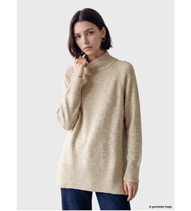 LCW Modest Bej Yarım Balıkçı Yaka Oversize Kadın Triko Tunik