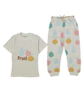 Kız Çocuk Ekru Meyve Baskılı Pijama Takımı