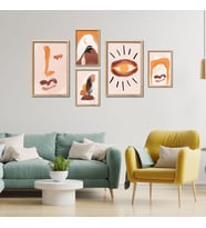 5'li Ahşap Lamine Çerçeveli Mdf Tablo Seti Turuncu Boho Tasarım (Ahşap)