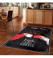 Siyah Coffee Time Desenli Yıkanabilir Kaymaz Taban Leke Tutmaz Modern Salon Halısı ve Yolluk (Siyah-Kırmızı)
