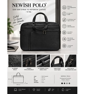 NEWİSH POLO SUNİ DERİ EVRAK VE NOTEBOOK (LAPTOP) ÇANTASI - 13 İNÇ (Siyah)