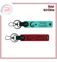 Çocuk Ve Ayyıldız Gibi Parlayan Aşkınız İçin, İsim Yazılabilen Deri Anahtarlık x2, Turkuaz-Kırmızı
