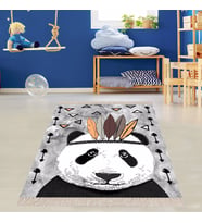Panda Desenli Dijital Baskılı Kaymaz Taban Çocuk Odası Halısı (Gri)