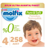 Molfix Pure&Soft Bebek Bezi Beden:4 (7-14Kg) Maxi 258 Adet Aylık Ultra Avantaj Pk