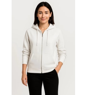 Üç İplik Kapüşonlu Tam Fermuarlı Kanguru Çepli SweatShirt Hoodie - Beyaz