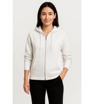 Üç İplik Kapüşonlu Tam Fermuarlı Kanguru Çepli SweatShirt Hoodie - Beyaz