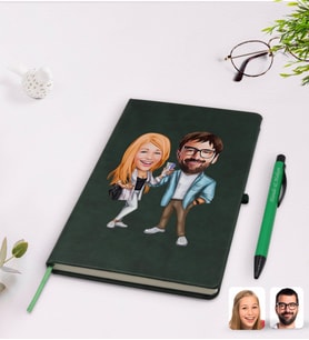BK Gift Kişiye Özel Sevgililer Karikatürlü Yeşil Termo Deri Defter Kalem Seti Model 93
