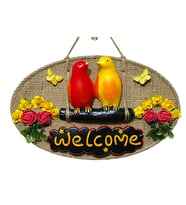 Dekoratif Welcome Kapı Süsü – Sarı Kırmızı Kuş ve Çiçek Temalı, Jüt İpli El Yapı (Sarı-Kırmızı)
