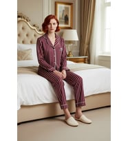 Kadın Gömlek Yaka Çizgili Pamuklu Pijama Takımı Penguen Detaylı Fonksiyonel Dayanıklı Spor