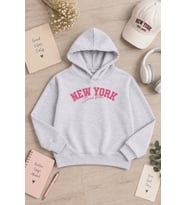 Gül Kurusu Kız Çocuk New York Baskılı 3 İplik Kapüşonlu Sweatshirt 24993