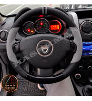 Dacia Logan MCV Dikme Direksiyon Kılıfı Delikli Deri Parlak Siyah Gri Detay Çift Yüzük ve Dikiş 2012-2016