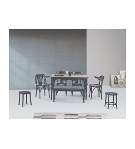 TOLEDO MASA + DEKOPAJLI SANDALYE, TABURE VE BANK TAKIMI, GRİ ANTRASİT, 125x80 (Siyah)