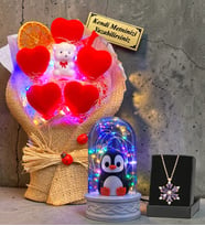Kişiye Özel Renkli Işıklı Kalp Buketi, Lotus Kolye ve Renkli Led Işıklı Penguen Fanus Seti