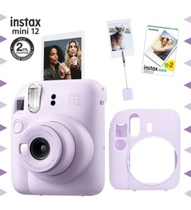 Instax mini 12 Lila Fotoğraf Makinesi-20'li Film-Kıskaçlı Resim Standı ve Silikon Kılıf Seti
