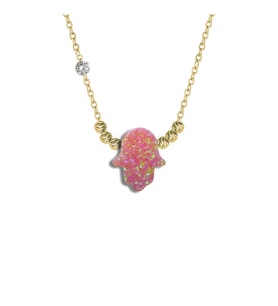 Demas Gold  Pirlanta 14 Ayar Altin Dorikalı Pembe Opal Fatmanin Eli Taşlı Kolye