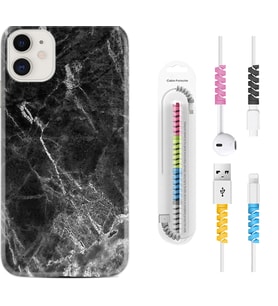 Apple iPhone 11 12 13 Mini Kılıf Kablo Koruma Spiral Silikon Kara Mermer 1375