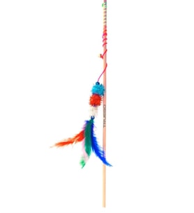 Ahşap Saplı Renkli Parlak Ponponlu ve Tüylü Oyuncak Kedi Oltası - 50 cm
