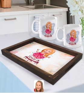BK Gift Kişiye Özel Kadın Doğum Günü Karikatürlü Doğal Ahşap Tepsi ve 2’li Kupa Bardak Seti-1