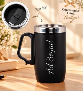 Kişiye Özel Kulplu Çelik Termos Bardak Siyah 240 ML Öğretmenler Günü Hediyesi