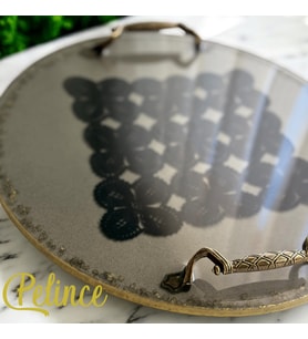 Epoksi Reçine Dantelli Tepsi - Siyah Kare Dantel Gold Taşlı - Çapı: 30 cm (Çok Renkli)
