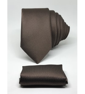 Kahve Renk Mendilli Slim Fit Oxford Kuş Gözü Desen Kravat
