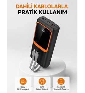 Powerbank 20000 mAh Dijital Ekranlı ve Çok Kablolu Hızlı Şarj Cihazı